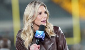 Charissa Thompson on the set of the Amazon Prime Thursday Night Football show last week. (AP Photo/Matt Freed)