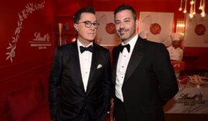 Late-night hosts Stephen Colbert, left, and Jimmy Kimmel in 2019. (Dan Steinberg/Invision for the Television Academy/AP Images)