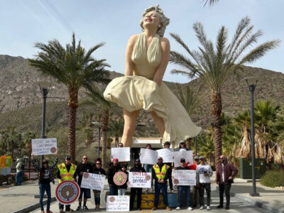 Members of a local International Brotherhood of Electrical Workers union join Desert Sun NewsGuild members at a Palm Springs rally in February 2023. (Courtesy of the Desert Sun NewsGuild)