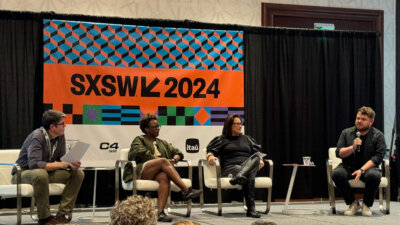 CNN editorial director David Allan moderates a discussion with Washington Post deputy director of photography Sandra Stevenson, CNN director of photography Bernadette Tuazon and CNN correspondent Donie O'Sullivan at SXSW in Austin, Texas. (Alex Mahadevan/Poynter)