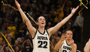 Iowa basketball star Caitlin Clark, shown here after a game vs. Ohio State on Sunday. (AP Photo/Cliff Jette)