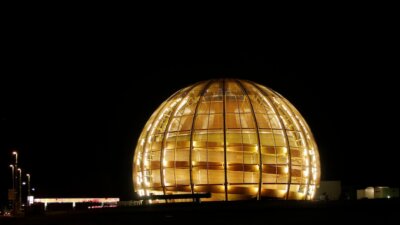 In this March 30, 2010 file picture the globe of the European Organization for Nuclear Research, CERN, is illuminated outside Geneva, Switzerland. (AP Photo/Anja Niedringhaus)