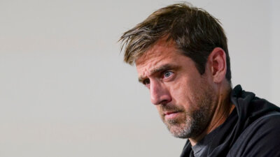 New York Jets quarterback Aaron Rodgers speaks to members of the media, May 23, 2023, in Florham Park, N.J. (AP Photo/John Minchillo, File)