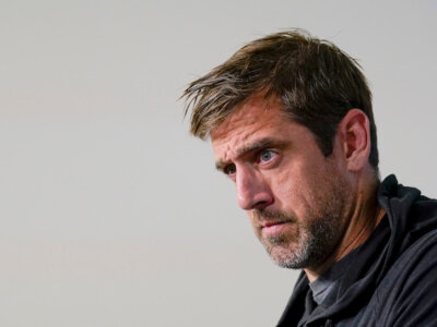 New York Jets quarterback Aaron Rodgers speaks to members of the media, May 23, 2023, in Florham Park, N.J. (AP Photo/John Minchillo, File)