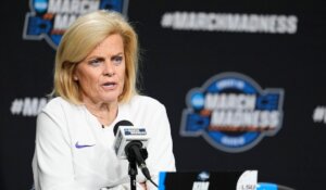 LSU head coach Kim Mulkey speaks to reporters during a news conference at the women's college basketball NCAA Tournament in Albany, N.Y., Friday, March 29, 2024. (AP Photo/Mary Altaffer)