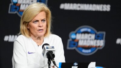 LSU head coach Kim Mulkey speaks to reporters during a news conference at the women's college basketball NCAA Tournament in Albany, N.Y., Friday, March 29, 2024. (AP Photo/Mary Altaffer)