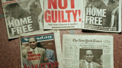 Front pages of several New York papers, including a special edition of the New York Post, with the O.J. Simpson verdict emblazoned across the front page, are show in New York, Oct. 4, 1995. Simpson was found not guilty the day before, in the deaths of his ex-wife Nicole Brown Simpson and Ronald Goldman. (AP Photo/Ed Bailey)