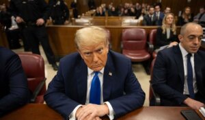 Former President Donald Trump, awaiting the start of proceedings at Manhattan criminal court on Monday. (AP Photo/Yuki Iwamura, Pool)