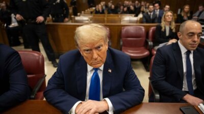 Former President Donald Trump, awaiting the start of proceedings at Manhattan criminal court on Monday. (AP Photo/Yuki Iwamura, Pool)