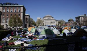 Tents erected by pro-Palestinian protesters stand in an encampment at the Columbia University campus in New York on Monday. (AP Photo/Stefan Jeremiah)