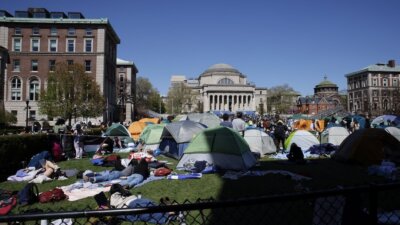 Tents erected by pro-Palestinian protesters stand in an encampment at the Columbia University campus in New York on Monday. (AP Photo/Stefan Jeremiah)