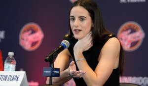 Basketball star Caitlin Clark, shown here in a news conference in Indianapolis on Wednesday after she was picked first overall in the WNBA Draft by the Indiana Fever. (AP Photo/Darron Cummings)