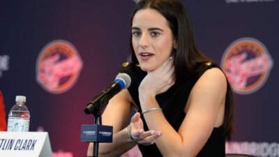 Basketball star Caitlin Clark, shown here in a news conference in Indianapolis on Wednesday after she was picked first overall in the WNBA Draft by the Indiana Fever. (AP Photo/Darron Cummings)