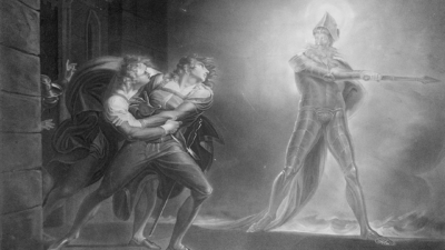 Act 1, scene 4, from Shakespeare's Hamlet, Prince of Denmark, showing Hamlet, Horatio, Marcellus, and the Ghost, on platform before the Palace of Elsinor. (Painting by H. Fuseli R.A., engraving by R. Thew, via Library of Congress)