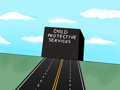 A road leads to a building with the sign Child Protective Services.