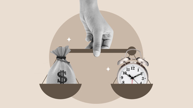 hand scales, clock, money bag, time, money, work, hand, wages, art, scale, earn money, leadership, conflict, control, balance, grab, comparison, less work, more work, fortnight, month, bonus