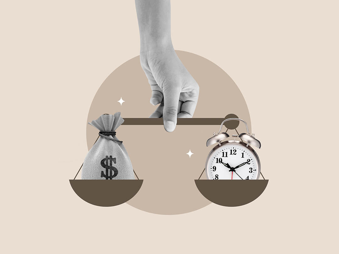 hand scales, clock, money bag, time, money, work, hand, wages, art, scale, earn money, leadership, conflict, control, balance, grab, comparison, less work, more work, fortnight, month, bonus
