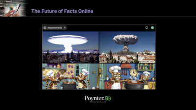 An image from a presentation from Poynter's community conversation, The Future of Facts Online. The images in this screenshot were generated by artificial intelligence and do not reflect reality. (Screenshot/Poynter)