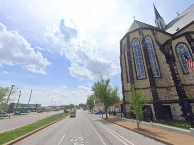 A Dollar Tree store and Saints Peter and Paul Catholic Church stand across from each other on South Seventh Street in St. Louis.(Screenshot/Google Maps)