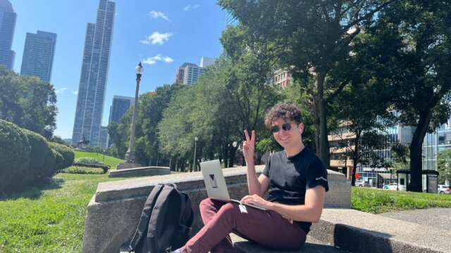 Chris Vazquez in Chicago’s Grant Park while working for The Marshall Project, 2024. (Courtesy)