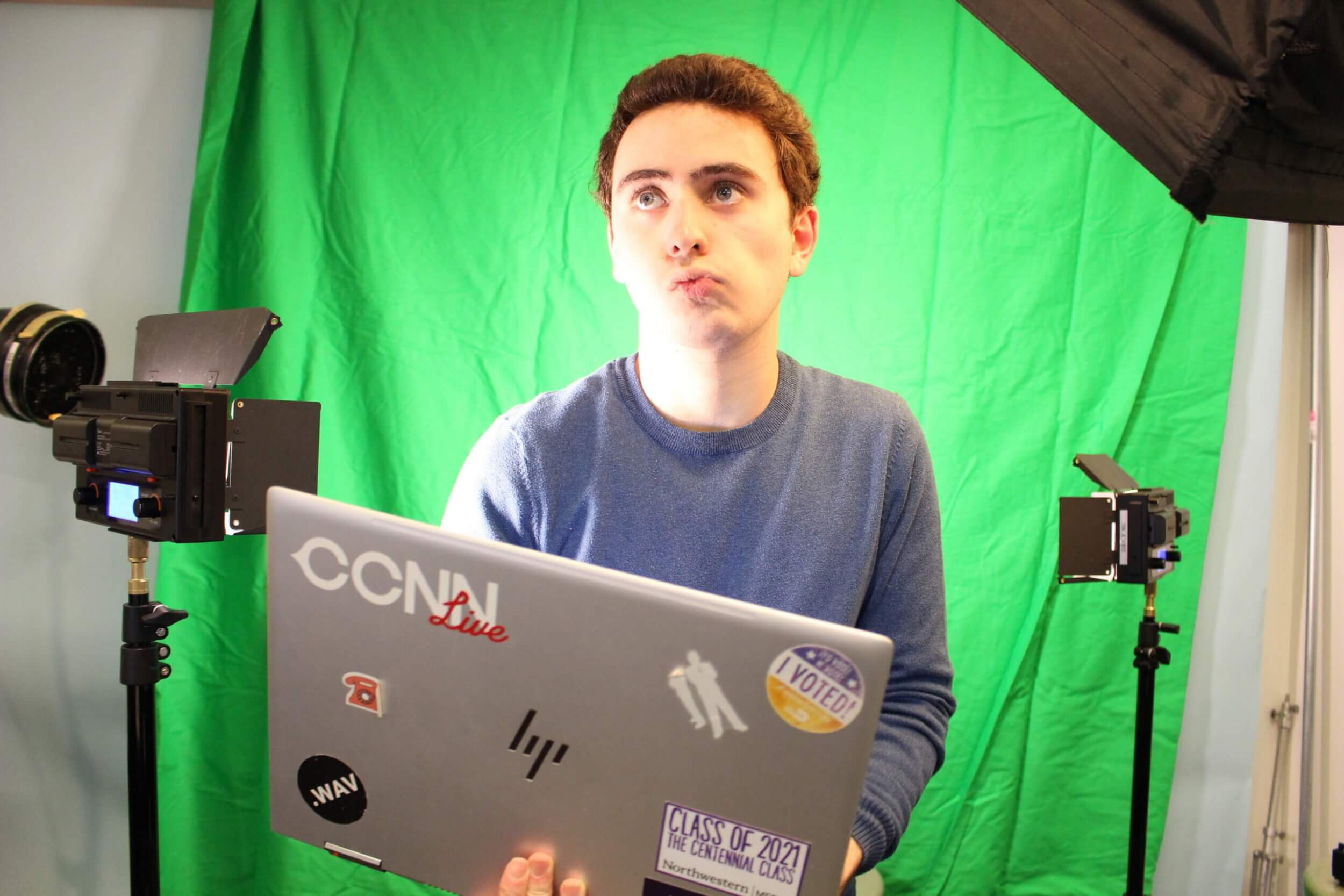 Chris Vazquez in college, in the multimedia room of The Daily Northwestern in 2019. (Courtesy)