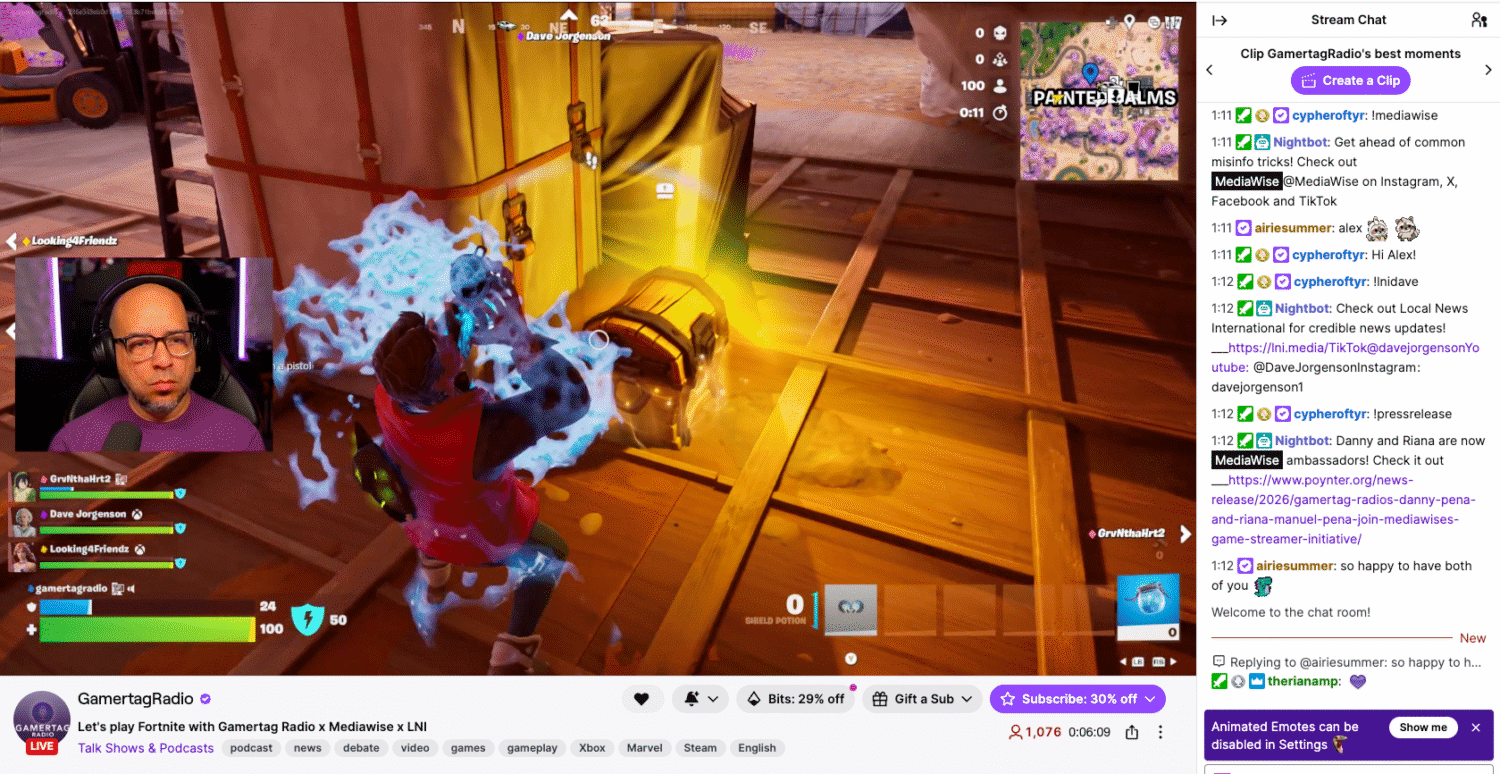 Screenshot of Danny Peña and Fortnite during GamerTag Radio's stream with MediaWise and Local News International.