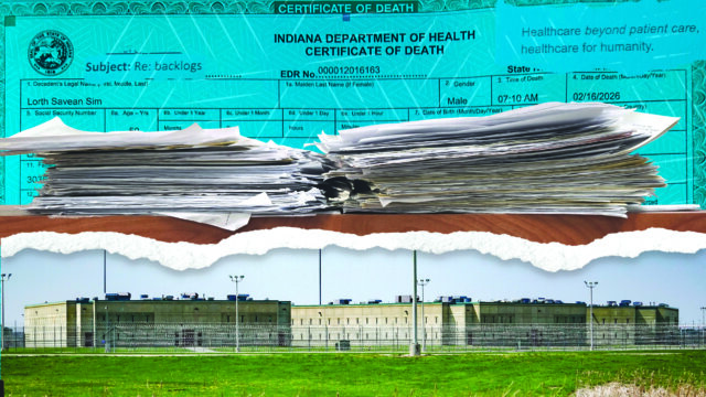 Illustration of death certificate of ICE detainee Lorth Sim, overlapped by paperwork and photo of Miami Correctional Facility in Bunker Hill, Indiana.