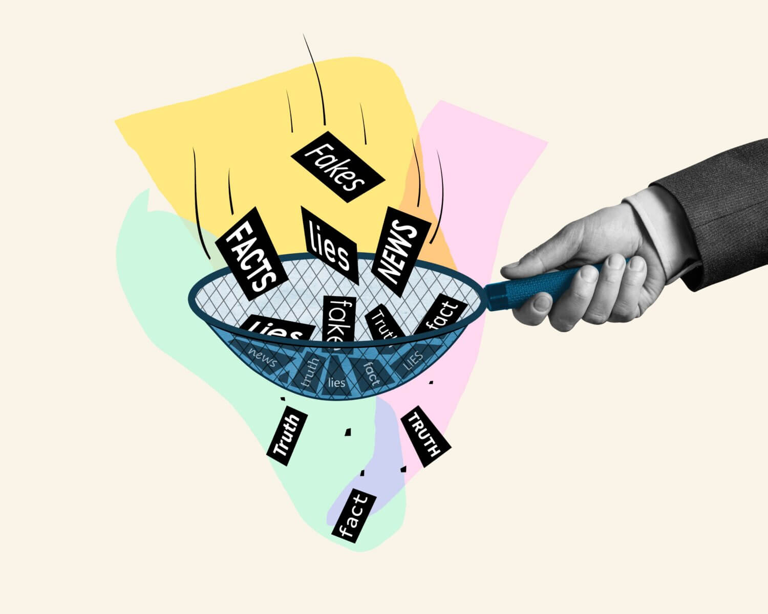Drawing of words going through a filter held by a hand