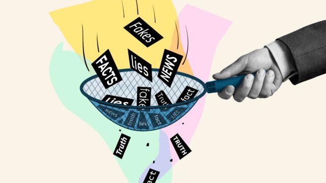 Drawing of words going through a filter held by a hand