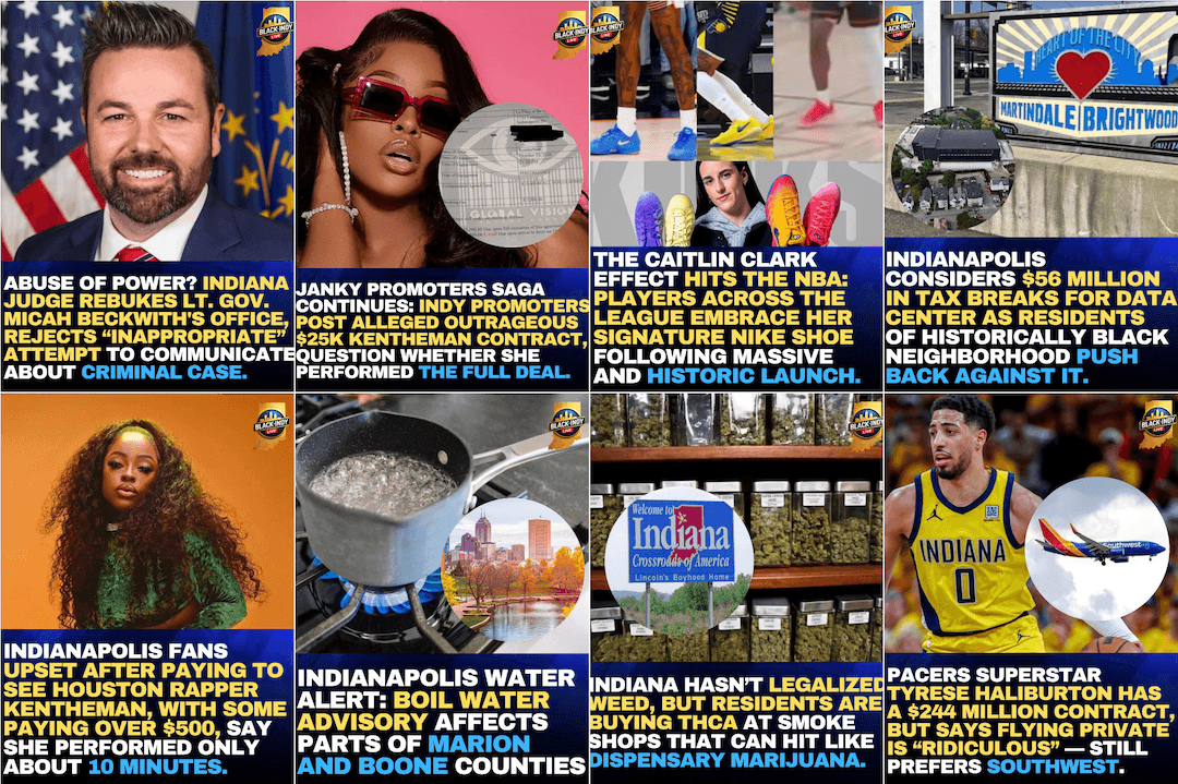 A screenshot of multiple recent news posts from the digital news platform, Black Indy LIVE